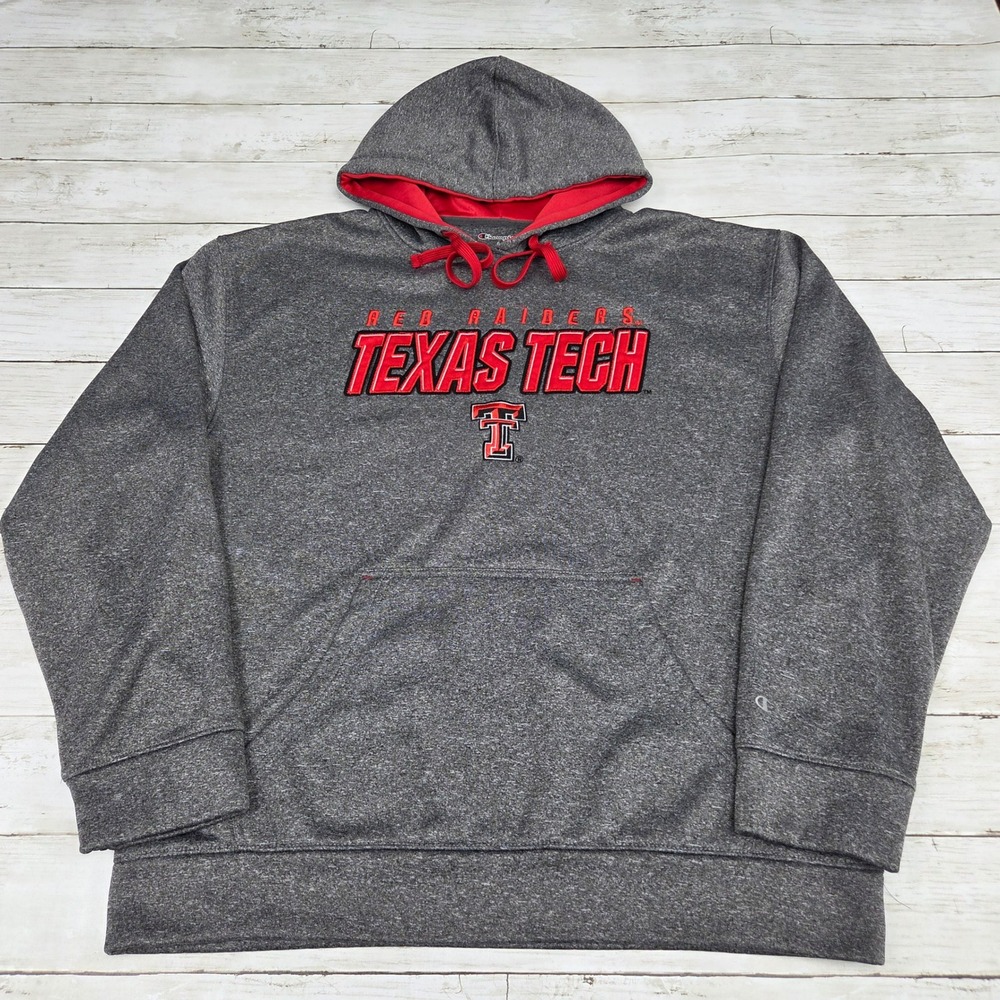 Champion Hoodie Mens L Grey Texas Tech Red Raiders Pullover Fleece Sweatshirt